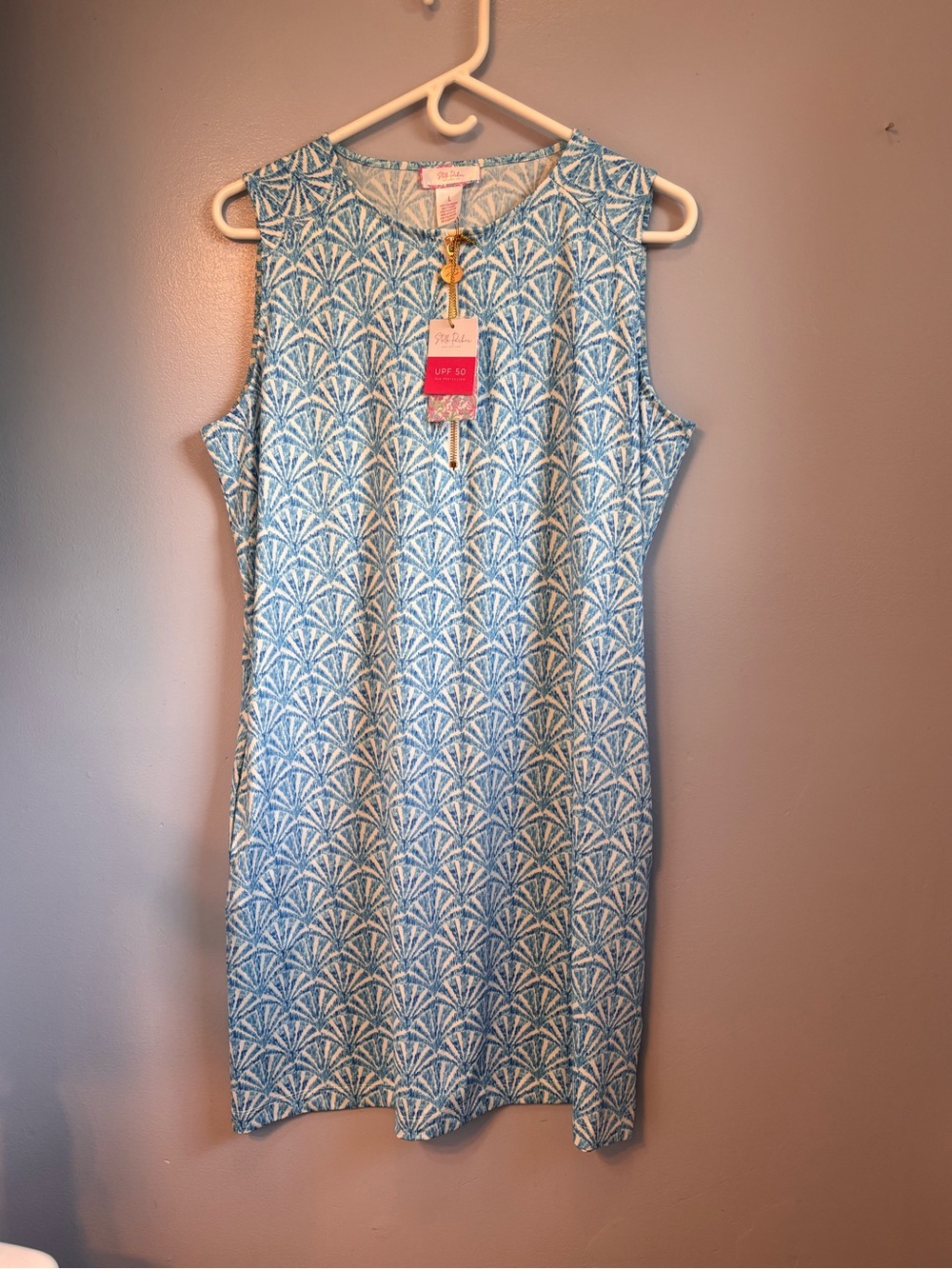 Stella Parker Blue Fan Geometric Print Sleeveless UPF 50 Dress. Sz Lg. NWT